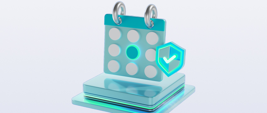 3D illustration of a blue forex trading calendar with a highlighted date and a shield with a checkmark, symbolizing security or confirmation of a scheduled traders event.