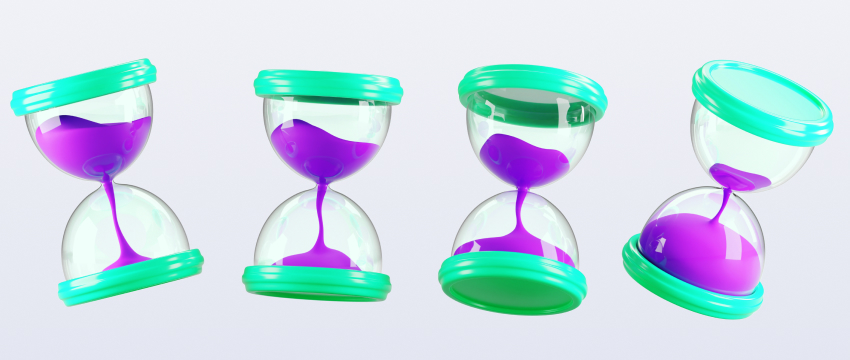 Four turquoise-framed hourglasses lean right in a lively sequence, purple sand shifting in each, capturing the playful rhythm of traders and trading.