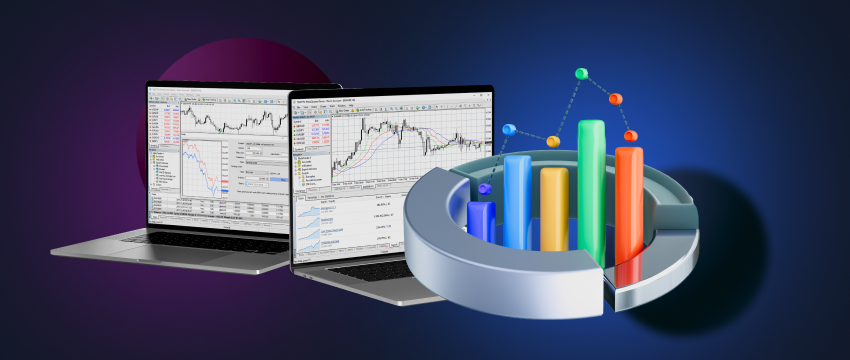 Two laptops synchronously displaying forex data with accompanying charts and indicators for comprehensive analysis.