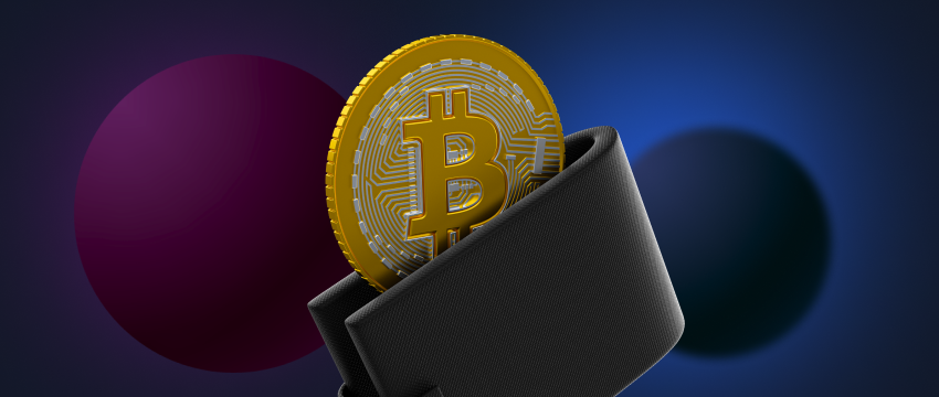 A digital wallet containing a Bitcoin, symbolizing the secure storage and usage of cryptocurrencies in the digital age.