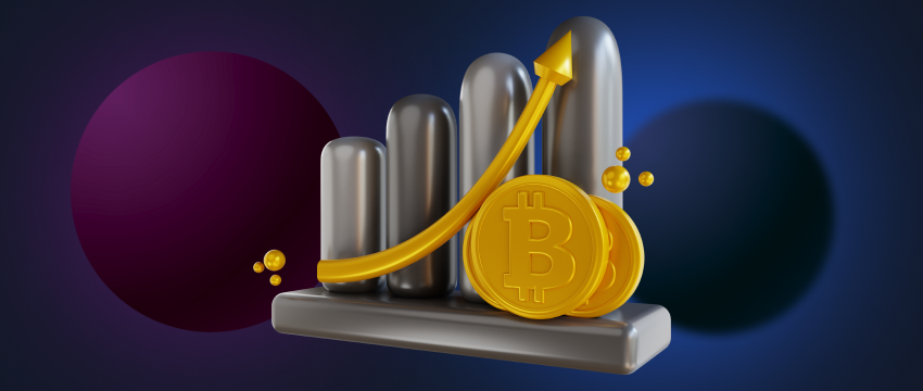 A chart featuring an upward-pointing arrow and surrounded by bitcoins, symbolizing the rising trend in cryptocurrency markets.