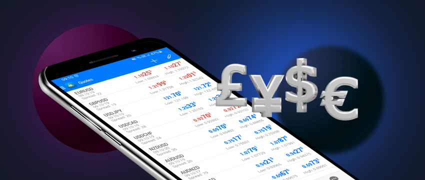 A mobile device displaying MetaTrader 4 along with various currency symbols, exemplifying mobile forex trading.