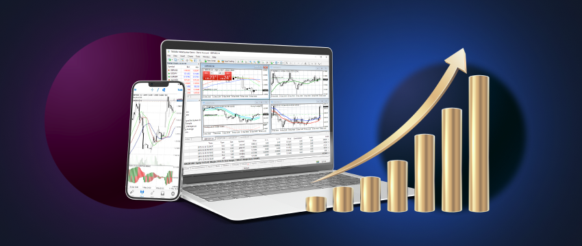 two computer screens and a bar chart on the right referring to what is CFD vs forex trading