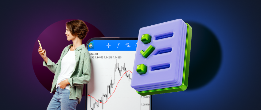 A woman event trader stands in front of a chart and holds a  news events checklist. She is looking at the chart with a focused expression