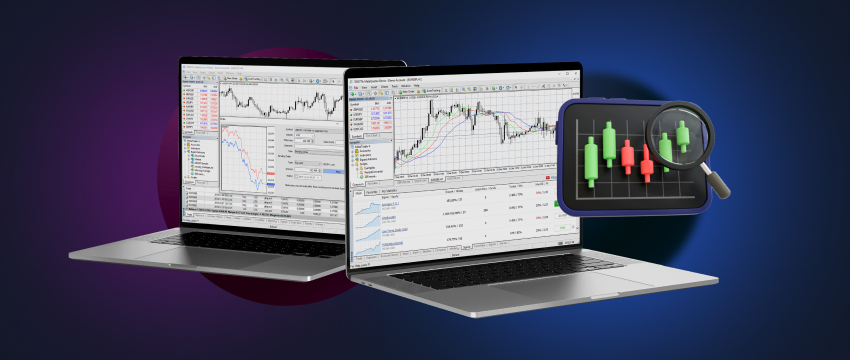 Two laptops displaying a cfd stock market chart, indicating financial data and trends.