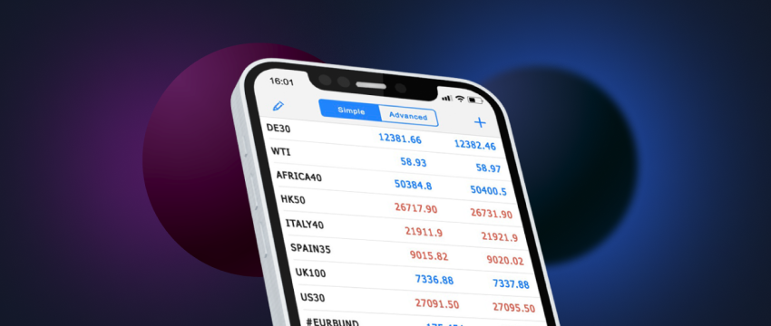 Screenshot of Metatrader 4 mobile app on iPhone, showing forex trading interface.