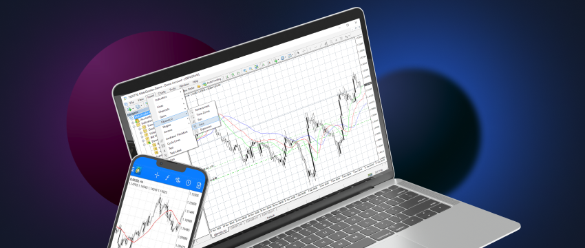 A person engaging in forex trading on a laptop and smartphone, using Metatrader (MT4) for analysis.