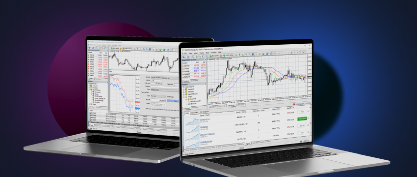 Two laptops displaying trading platforms: one with MetaTrader 4 and the other with MetaQuotes