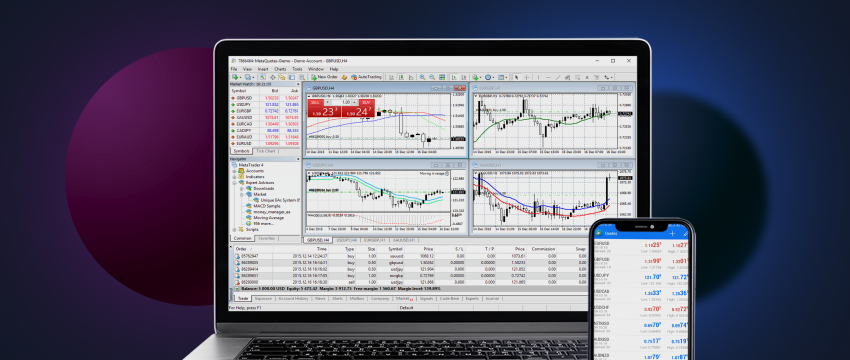 MetaTrader 4 analysis for forex trading on laptop and mobile, screenshot.
