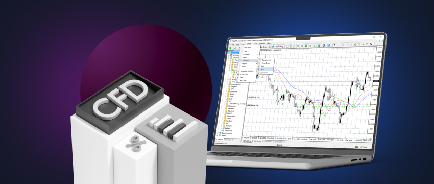 A laptop displaying a CFD trading platform, MetaTrader 4, with a calculator, illustrating how to trade forex with CFDs.