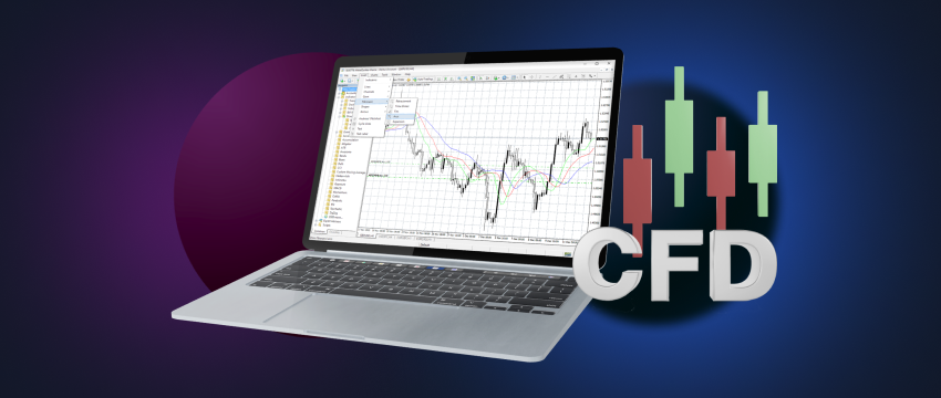 Laptop screen showing forex trading with CFD on MT4 platform, focusing on forex pairs.