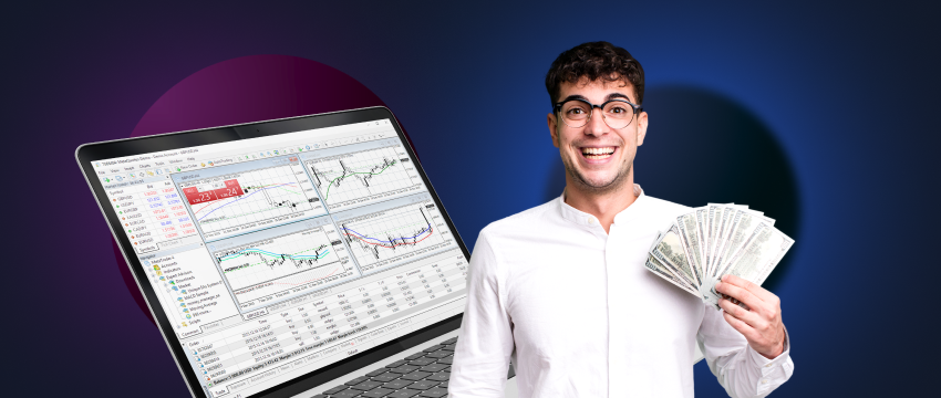 A successful man holding money and a laptop, symbolizing forex trading and CFD on MetaTrader 4.