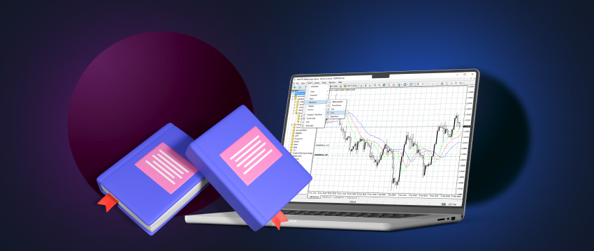 Learn forex trading using MetaTrader 4 with a laptop and a book in the background.