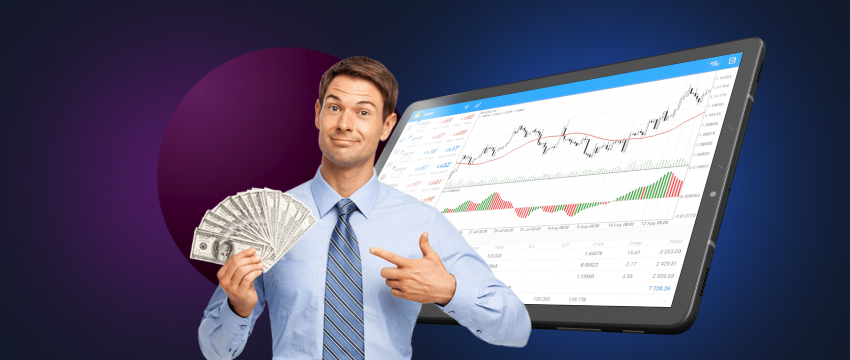 Man with money and laptop showing stock chart, representing success in forex trading and CFD on MetaTrader 4.