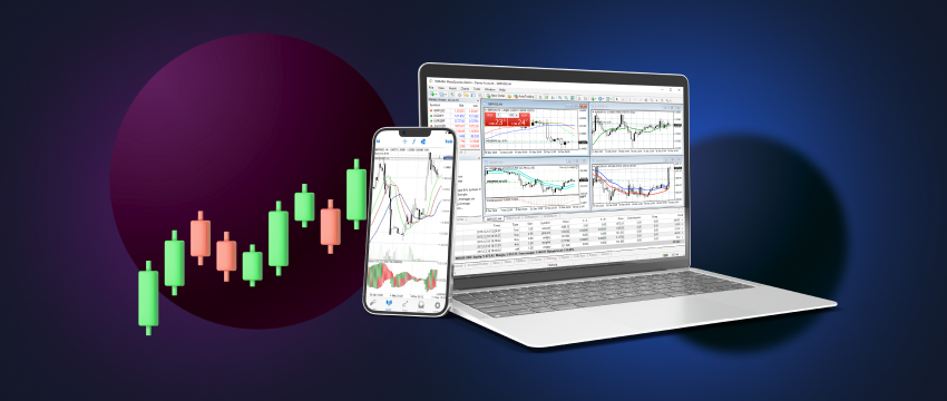 A laptop and smartphone showing forex trading platforms, with hands typing and swiping on the devices.