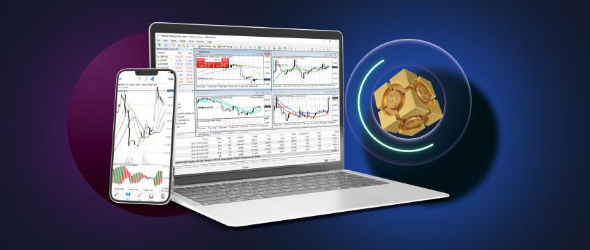 Image of forex trading setup on a laptop and phone, with financial charts and graphs displayed.