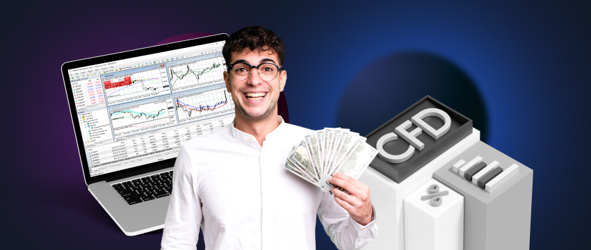 A man with a laptop and cash, representing the world of CFD trading and financial opportunities.