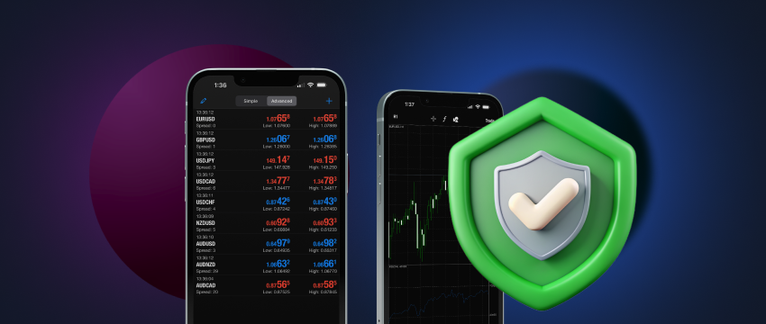 Smartphone with green shield, shield icon, symbolizing trust for Metatrader 4 Android download on tablet for mobile traders.