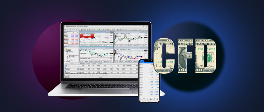 A laptop and smartphone showcasing forex trading platforms, emphasizing the use of CFDs for trading in real-time.