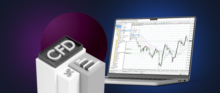 Un ordinateur portable affichant une plateforme de négociation de CFD, MetaTrader 4, avec une calculatrice, illustrant la manière de négocier des devises avec des CFD.