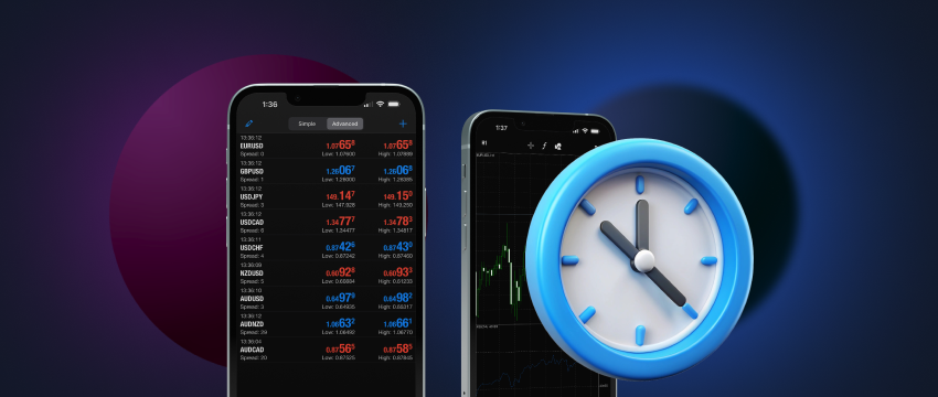 A smartphone and a clock positioned together, representing the importance of timing in mobile forex trading.