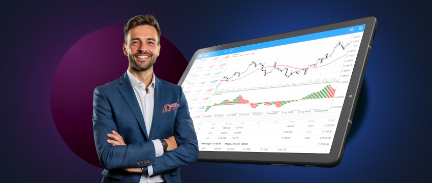 A suited man stands in front of a laptop, which shows stock market information, highlighting the initiation of CFD trading on tablets.