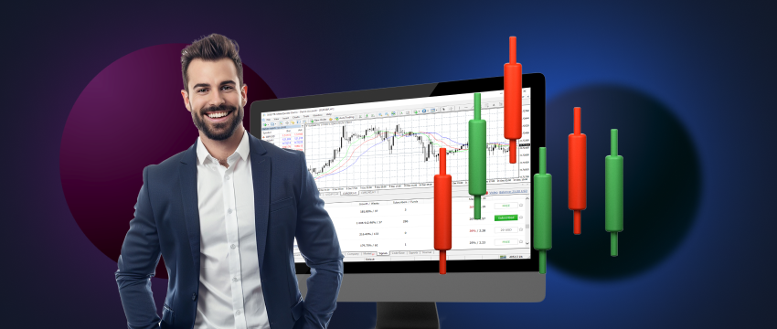 A suited man stands next to a computer screen showing buy-sell indicators on the MetaTrader 4 trading platform.