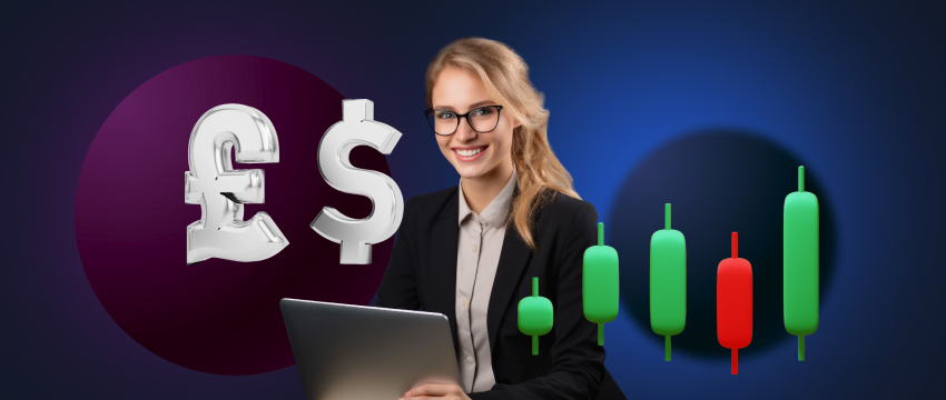 Image d'une femme trader à lunettes tenant un ordinateur portable avec un signe de dollar, analysant des paires de devises.