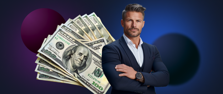 A well-dressed man displays a stack of money, representing the financial gains of forex trading.