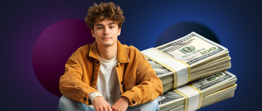 A forex trader seated on a chair, surrounded by stacks of money, symbolizing financial success and investment gains.