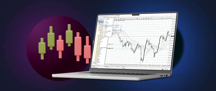 A laptop featuring a Forex trading chart and a candle, representing MetaTrader 4 buy-sell analysis.