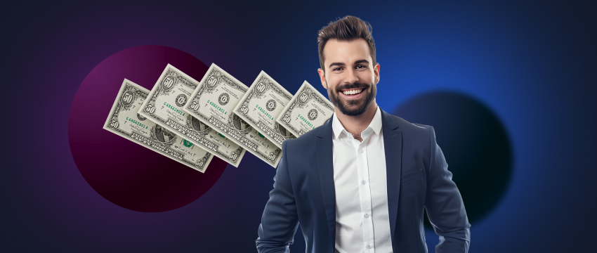 A smiling man in a suit holds money, representing the achievements of professional forex traders.