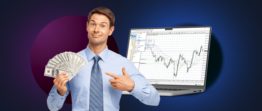 A man gestures towards a laptop screen with money in hand, representing forex trading without the need for education