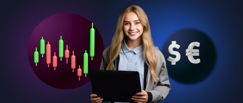 A woman examines forex charts on a laptop, featuring dollar and euro symbols, focusing on buy and sell strategies.