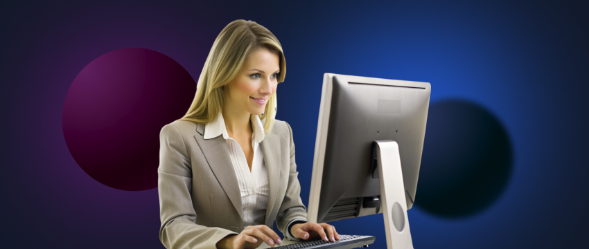 A woman working at a desktop computer, analyzing data on the MT4 platform displayed on her monitor.