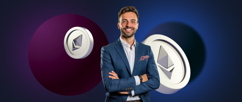 A man in a suit stands beside a circle featuring the word "Ethereum," symbolizing a crypto trader or analyst.