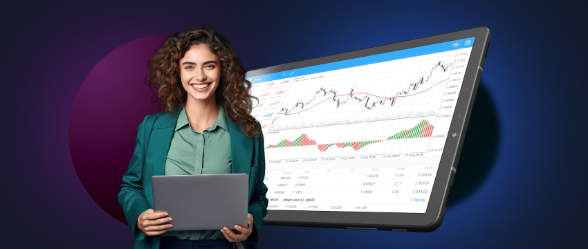 A woman holding a tablet featuring a trading chart, symbolizing her involvement in forex trading via the MetaTrader platform.