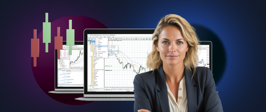 A business-suited woman focuses on her laptop, utilizing a high-frequency trading platform, MT4, for her work.