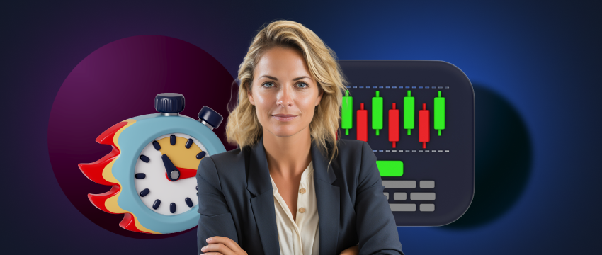 A woman in a business suit is positioned next to a clock and stock chart icons, representing market timing in trading.