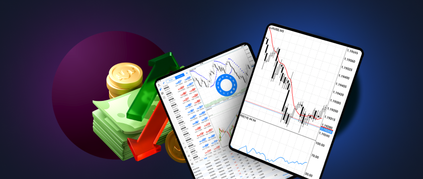 Android tablet displaying a forex trading app, featuring money analysis tools and active trading functionalities.