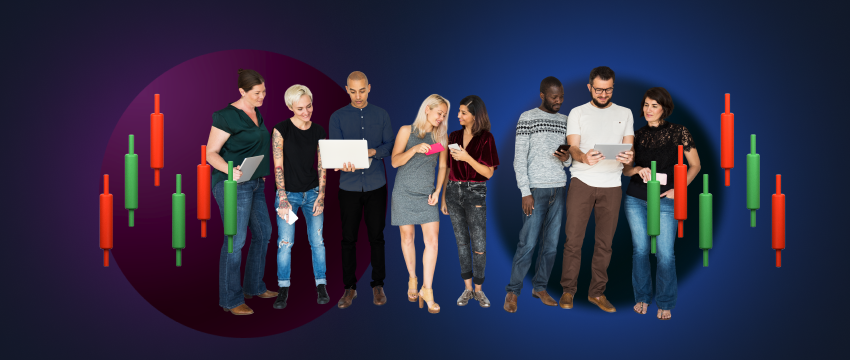 Traders standing before a stock symbol chart, collaborating on insights and strategies for achieving success in forex trading.