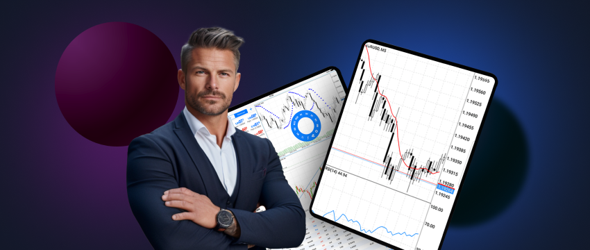 A suited man holds a laptop showing a trading chart, illustrating his focus on financial analysis and market trends.