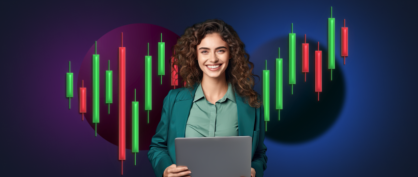 A successful female forex trader analyzes a stock chart while holding a laptop, showcasing her expertise in the market.