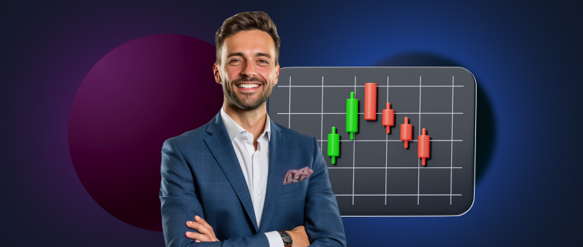 A man in a suit smiles confidently in front of a financial chart, representing buy-and-hold trading strategies in Forex.