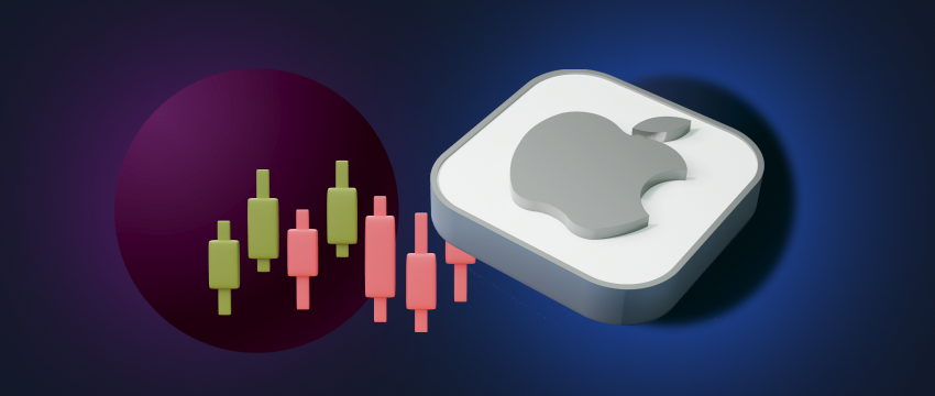 Apple logo alongside a bar graph, symbolizing stock performance and trading opportunities with T4Trade MT4.