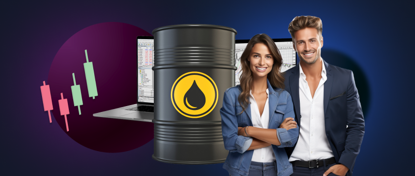 A man and a woman, both traders, are positioned next to a barrel of oil, representing the oil market and commodities trading.