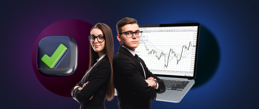 A man and woman in business attire stand next to a laptop with a tick mark, representing achievement in forex trading.