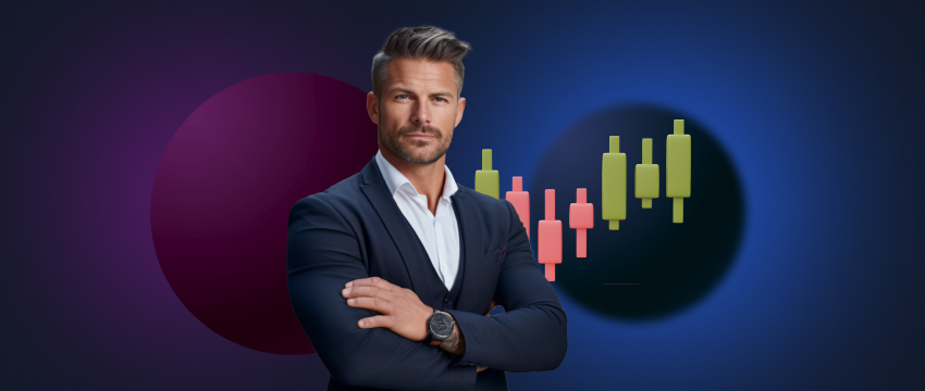 A suited man poses in front of a colorful backdrop, representing a trader focused on buying and selling with a contrarian approach.