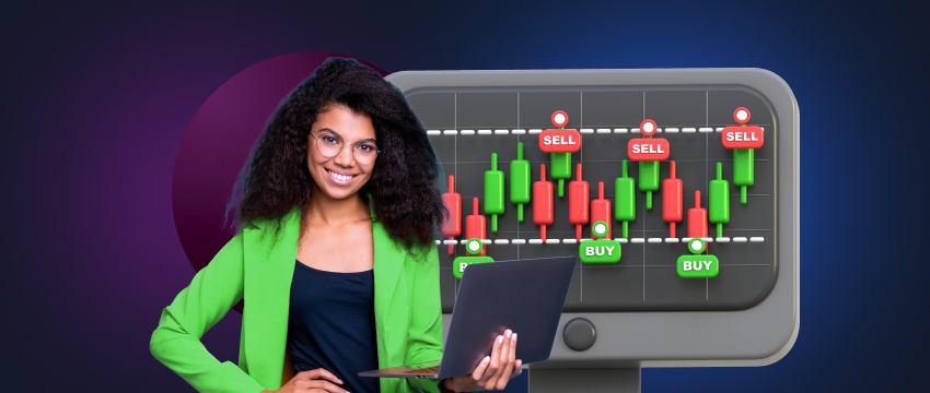 A woman engaged in analysis, holding a chart and a laptop, emphasizing her work with the MT4 trading platform.