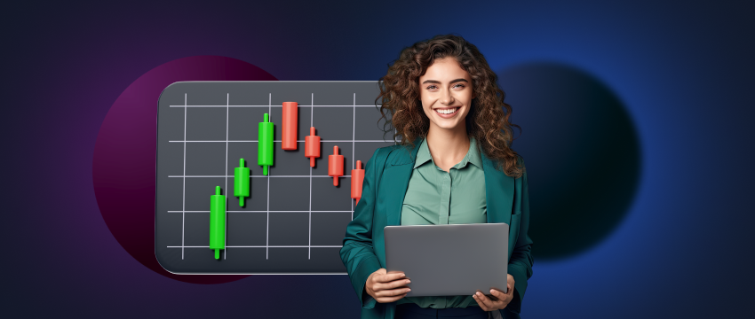 A female analyst holds a laptop, positioned before a stock chart, focusing on quantitative trading using the MT4 platform.